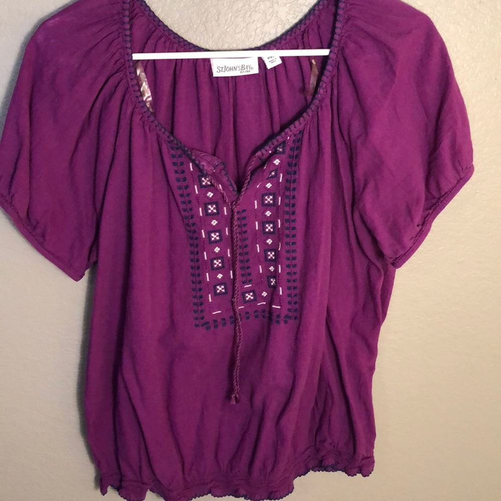 Purple blouse with navy and white accent